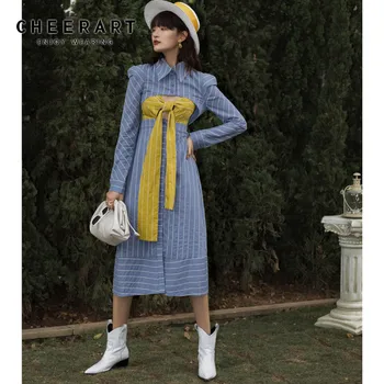 

CHEERART 2020 Blue Striped Long Shirt Dress Women Puff Sleeve Tunic A Line Long Sleeve Ladies Cut Out Dress High Fashion