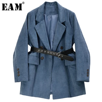 

[EAM] Women Blue Corduroy Split Joint Big Size Blazer New Lapel Long Sleeve Loose Fit Jacket Fashion Spring Autumn 2020 1R721