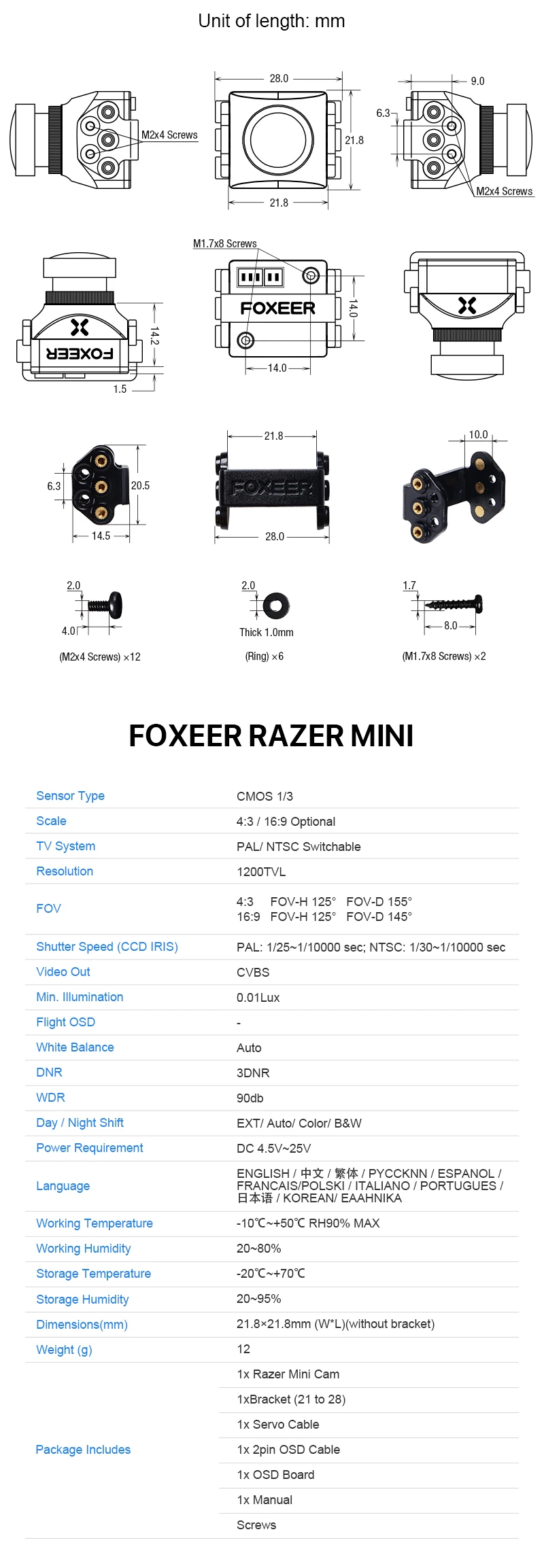 Foxeer razer Mini HD 5MP 2,1 мм M12 1200TVL PAL NTSC 4:3 16:9 FPV камера с OSD 4,5-25 в естественное изображение для RC FPV гоночного дрона
