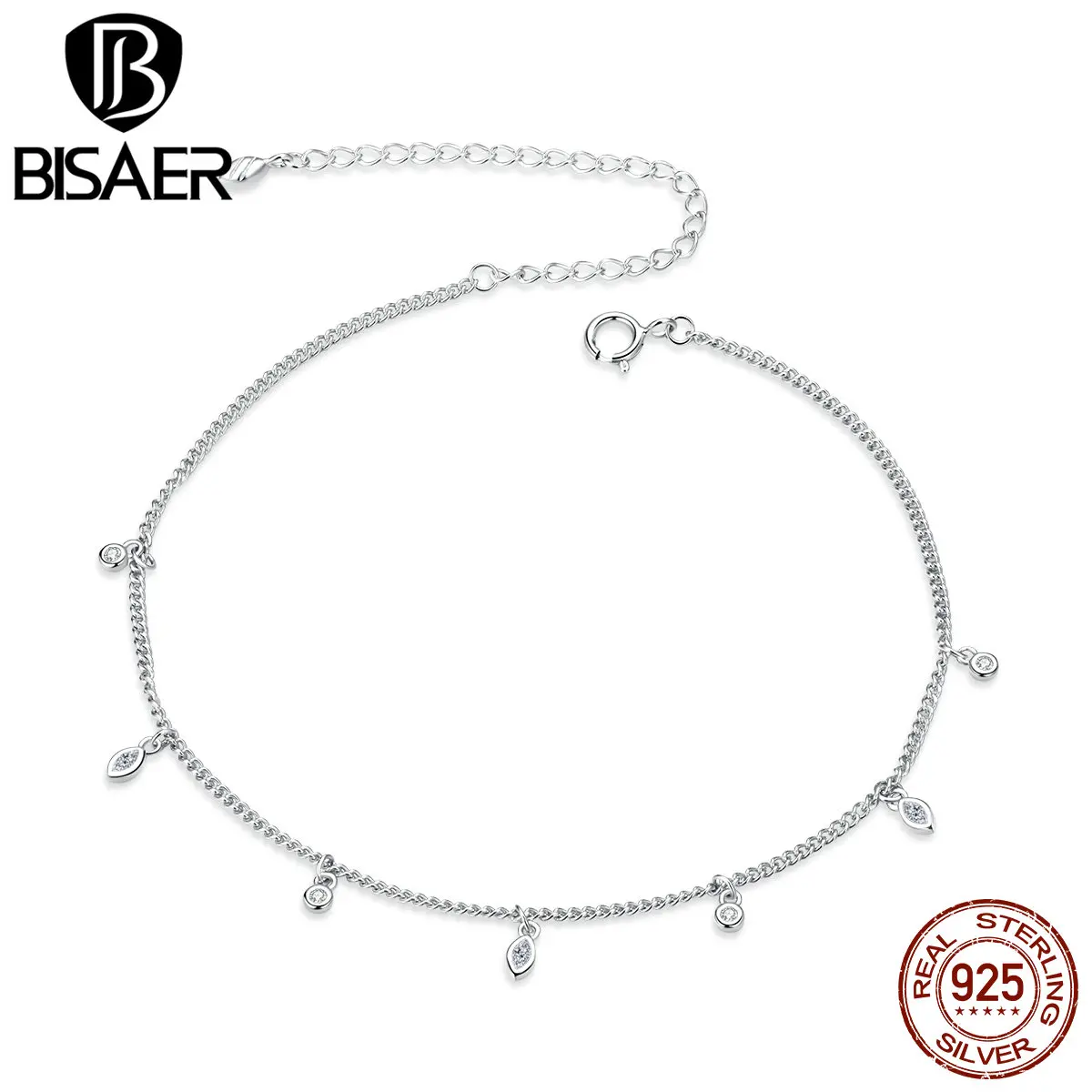 BISAER Anklets 925 Sterling Silver Simple Tassel Sparkling Zircon Chain Anklets For Women Feet Leg Chain Link Fine Jewelry BISAER Anklets 925 Sterling Silver Simple Tassel Sparkling Zircon Chain Anklets For Women Feet Leg Chain Link Fine Jewelry