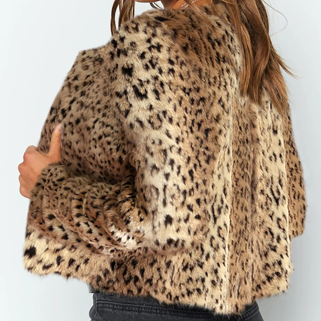 Women Faux Fur Coat Leopard Printing Plus Size Coat Ladies Winter Casual Loose Leopard Plush Long Sleeve Fur Coat casaco de pele