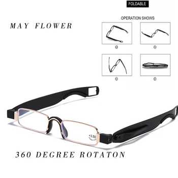 

MAY FLOWER Reading glasses 360 Degree Rotation Presbyopic Glasses For Men Women Folding Glasses With Case Plastic Eyewear+1.5+2