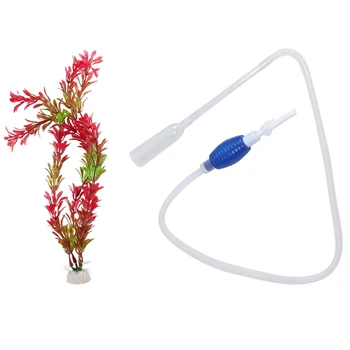 

Aquarium Air Stone Red Green Artificial Plant Ornament 15inch with Manual Squeeze Water Change Cleaner Pump 1.9M Long
