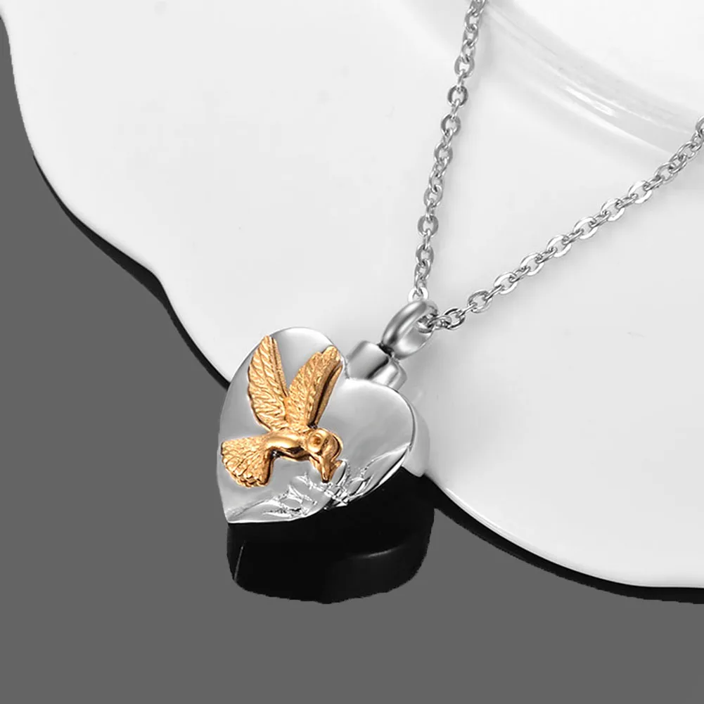 Stainless Steel Heart-shaped Urn Necklaces for Ashes Hummingbird Pendant Animal Cremation Memory Jewelry with Funnel Spoon 3