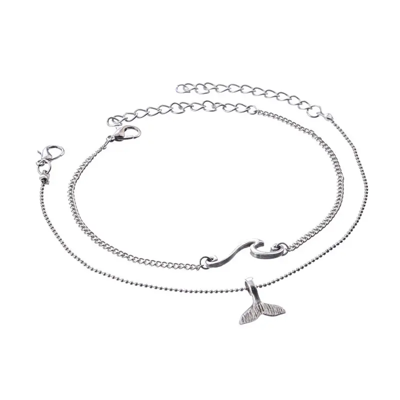 Bohemian Ocean Wave Whale Tail Silver Anklet Bracelet for Women Beach Ankle Chain Foot Bracelet Summer Jewelry