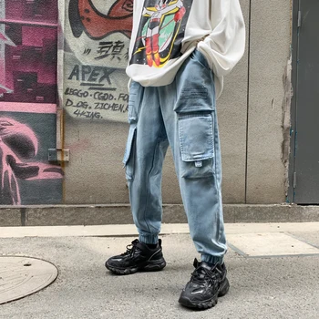 

Autumn New Jeans Men Fashion Washed Solid Color Casual Multi-pocket Tooling Denim Trousers Street Hip-hop Loose Straight Jeans