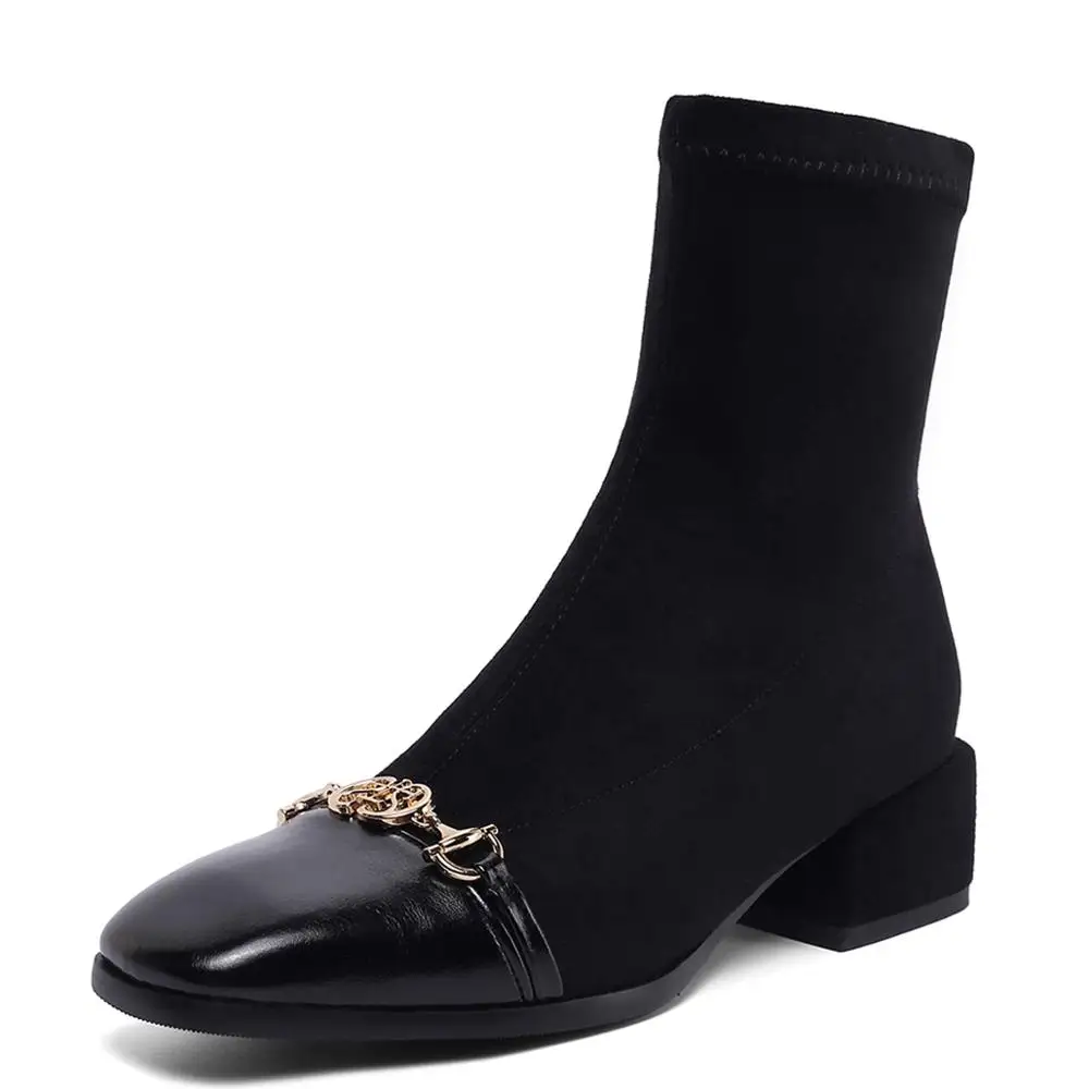 

Square Toe Thin Stretch Boots Square Heel Metal Decoration Microfiber Stitching Stretch Cloth Women's Boots Warm Socks And Shoes