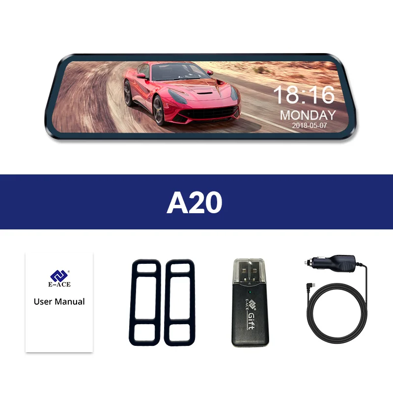 Автомобильный видеорегистратор E-ACE A20, 10 дюймов, камера с сенсорным потоком, зеркало с камерой заднего вида, FHD 1080 P, видеорегистратор, Автомобильный регистратор