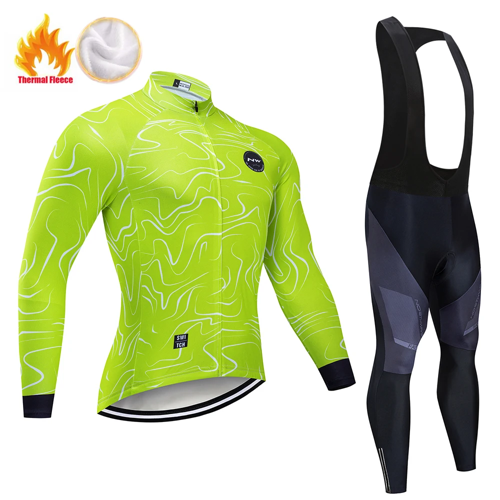Bib Long suit NW красный Pro зимний теплый Велоспорт Джерси Набор термальная флисовая велосипедная Одежда MTB велосипед велосипедная одежда костюм для мужчин - Цвет: Bib Long suit