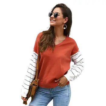 

Women's autumn and winter long-sleeved sweatshirt hit color V-neck smock