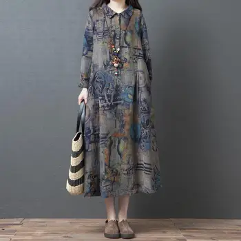

Spring/Autumn Vintage Woman Dress Handmade Plus Size Clothes Cotton and Linen Art Print Cardigan Long Harajuku Dress