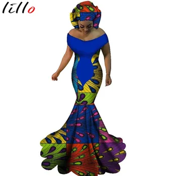 

2piece outfits woment dresses african clothes for women Traditional Batik Dress + Turban Long Tail Dress Vintage african bazin