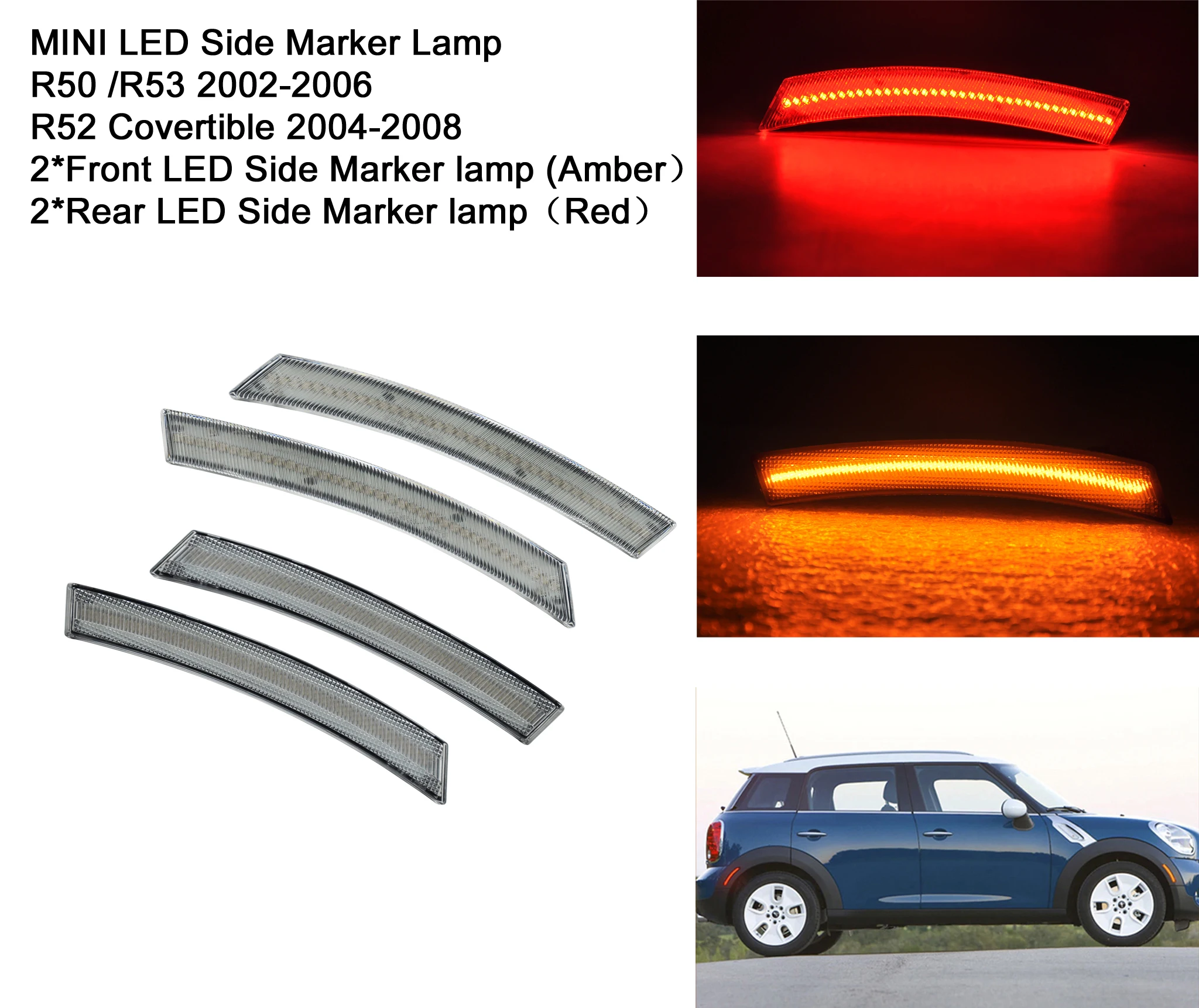 

Front & Rear Amber& REd LED Side Marker Lamp For 1st Gen Mini Cooper R50 R53 2002-2006,for R52 Covertible 2004-2008