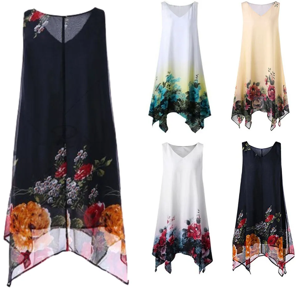 

2020 Summer Lady Sleeveless Chiffon Dresses Floral Printed Irregular Loose Voile A-Line Party Dress V Neck Sophisticated Dress