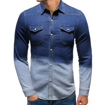 

Men's Gradient Long Sleeve Denim Shirt New Men's Fashion Casual Slim Long Sleeve Shirt Top Plus SizeM-3XL Men Long Sleeve Shirt