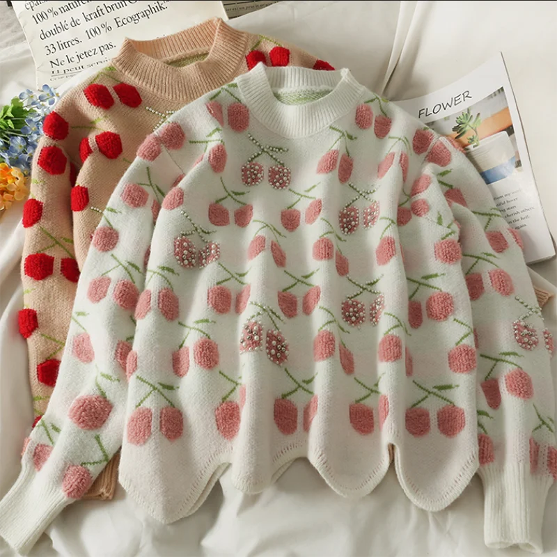 

2021 Autumn Sweet Cherry Print Women Sweater Knitted Basic O Neck Long sleeve Pullovers Beading Loose Female Knitwear Jumper