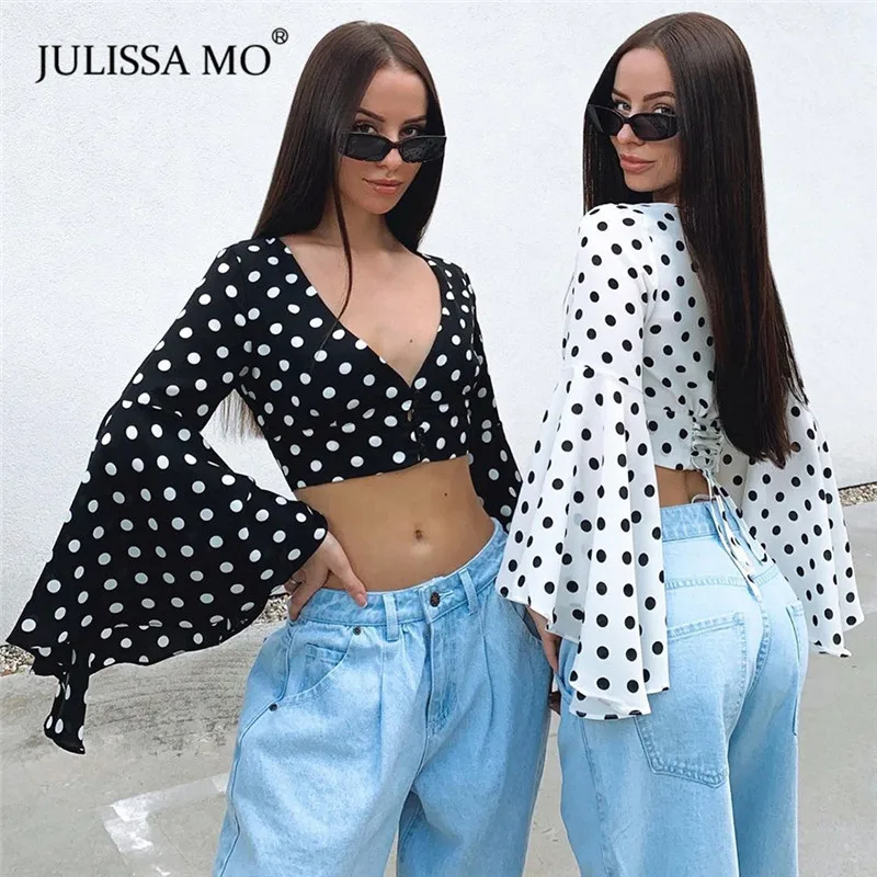 JULISSA MO ретро в горошек шифоновая блузка Рубашки женские сексуальные V шеи повязки Blusas женские элегантные расширяющиеся к низу рукава женские топы
