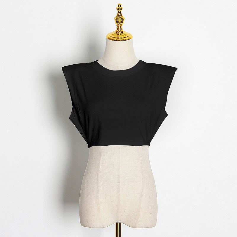 黑(4).jpg TWOTWINSTYLE Minimalist Women T Shirt O Neck Sleevelesss Elegant Short T-Shirt For Female Fashion Clothing 2020 Spring Summer
