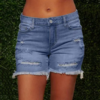 

Denim fringed Shorts For Women fashion Female Pockets Wash Jeans shorts Elastic high waisted jeans short female Denim Short#0803