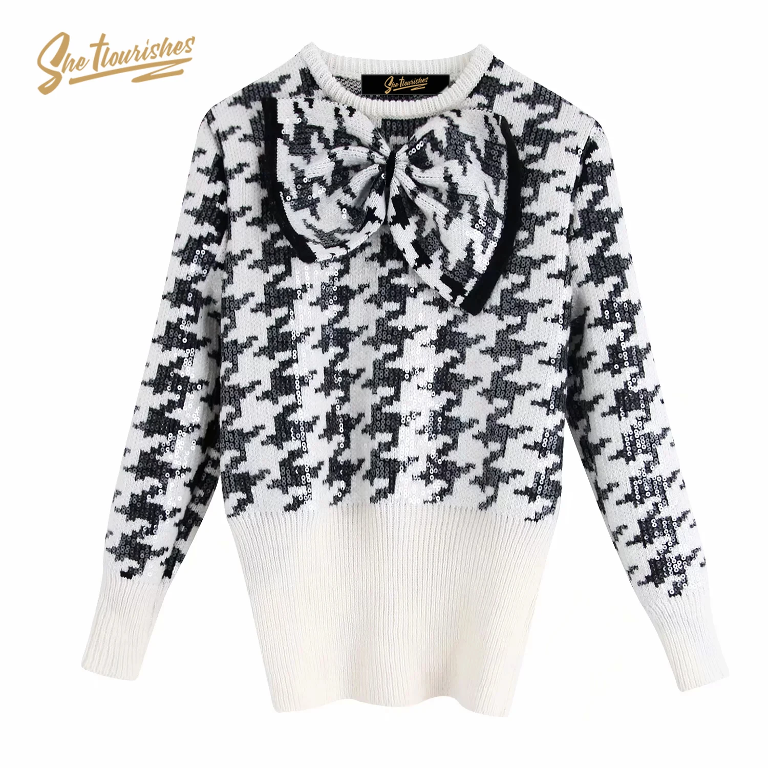 Sheflourishes Womens Houndstooth Sweater long sleeve Sequined Bowtie Knit Top Stylish Female slim Jumper Pullover SFB2b | Женская одежда