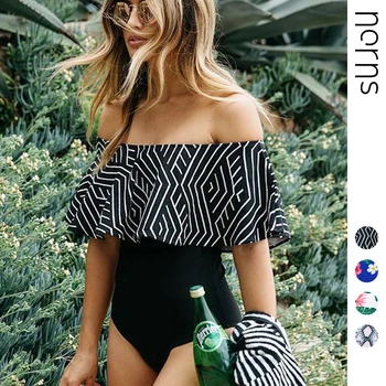 

Norns Oversize Women's One-Piece Swimsuit Large Ruffled One-Shoulder Printed Swimsuit XXL High Elasticity Quick-Dry One-piece