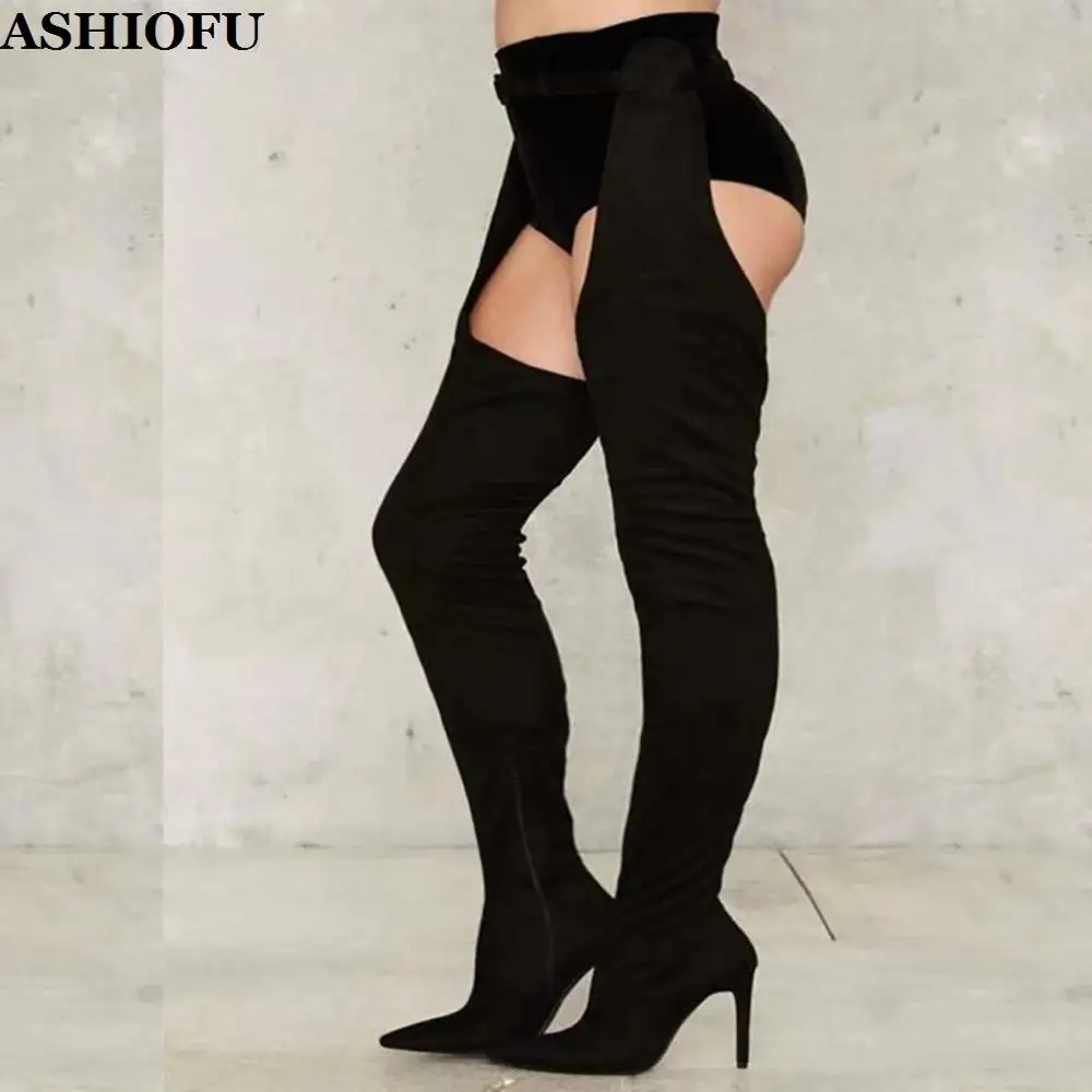 

ASHIOFU Handmade New Ladies High Heel Waist High Heel Boots Sexy Club Party Pants-boots Evening Pointy Fashion Winter Boots