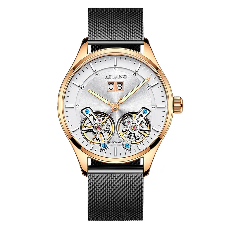 AILANG Роскошные двойные Tourbillon Мужские часы модные деловые светящиеся наручные часы Мужские часы автоматические механические часы Relojes - Цвет: Steel 02