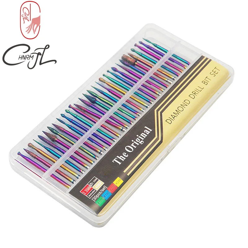 CHNRMJL-Kit de brocas rotativas de acero inoxidable, conjunto de 30 Uds./10 Uds. De alta calidad con diseño de arcoíris para manicura y Arte para uñas