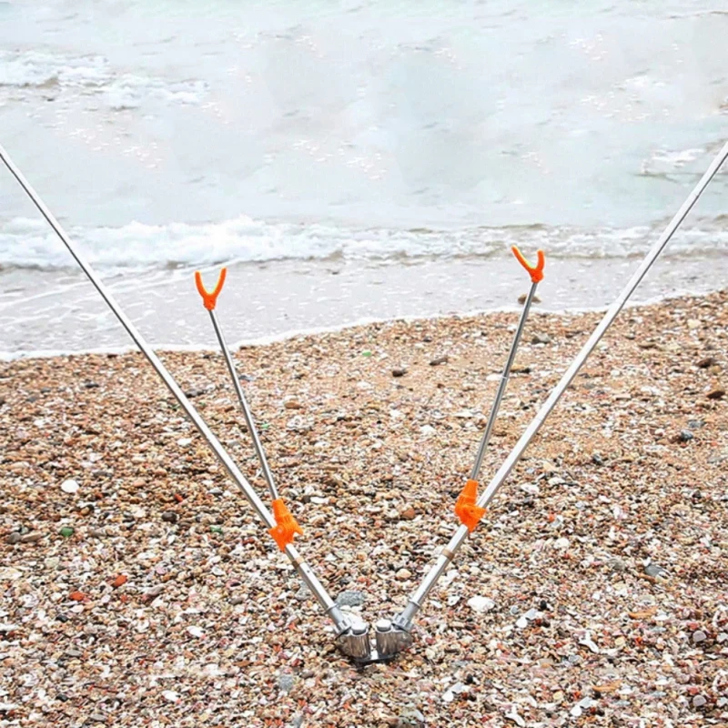 Folding Stainless Steel Fishing Double Rod Holder Telescoping Fishing Pole Rack Bracket Ground Support Fish Pole Rack Accessory