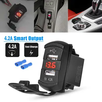 

12V Red / Blue Car Truck Boat UTV LED Dual USB 2.0 Charger Digital Display Voltmeter 2 In 1 Rocker Switch