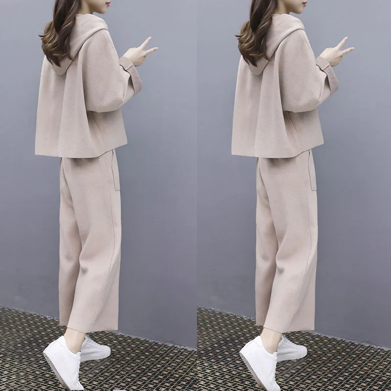 

Autumn Clothing Women's 2019 New Style Korean-style Loose-Fit Woolen Set Slimming Hooded Fashion Elegant Loose Pants Two-Piece S