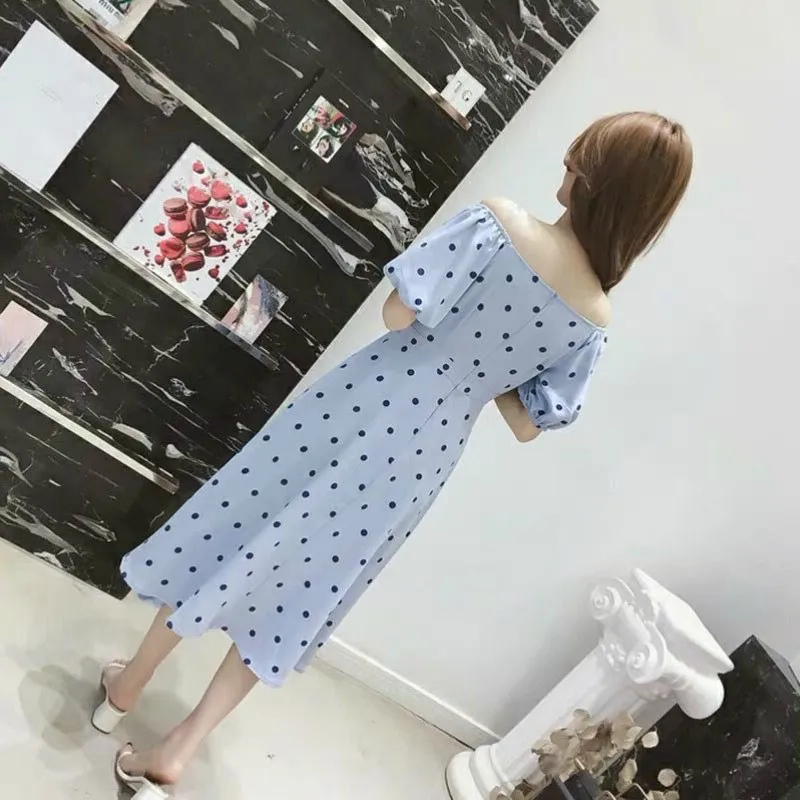 Женское винтажное платье в горошек длинное на пуговицах с рукавами фонариками и