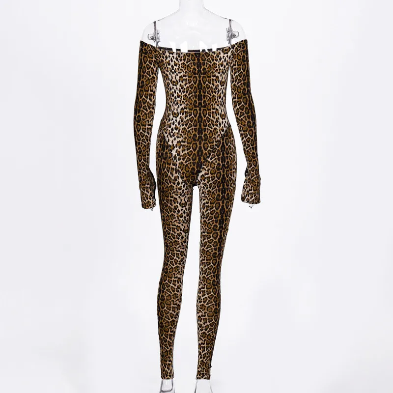 Nadafair Off Shoulder Tiger Bodycon Sexy Jumpsuit Animal Print Long Sleeve Autumn Winter Jumpsuits Women Rompers Streetwear