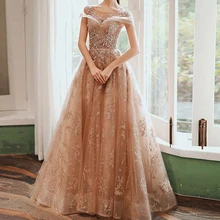 Robe de soirée en Tulle et dentelle pour femmes, tenue de bal de luxe, avec strass, couleur Champagne