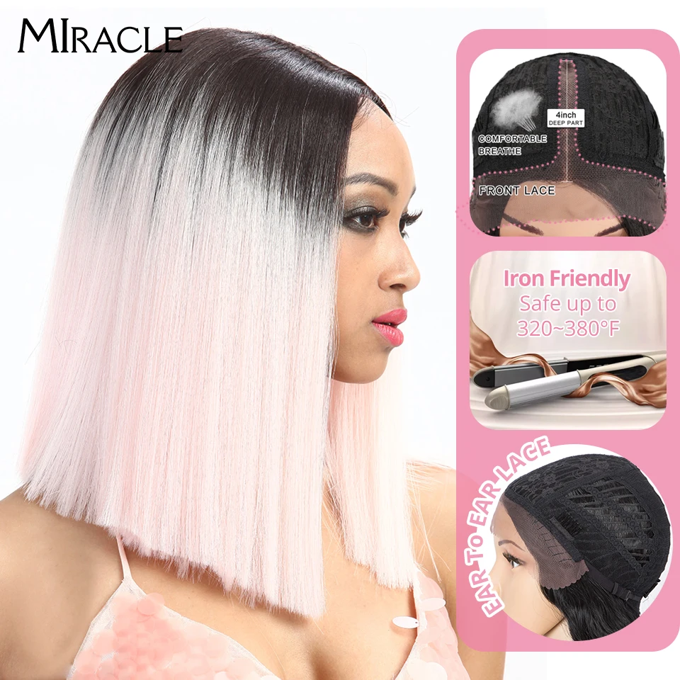 

Noble Synthetic Lace Front Straight Pink Bob Wig For Women 14Inch Synthetic Wig Blonde Cosplay Wig Heat Resistan Red Wig