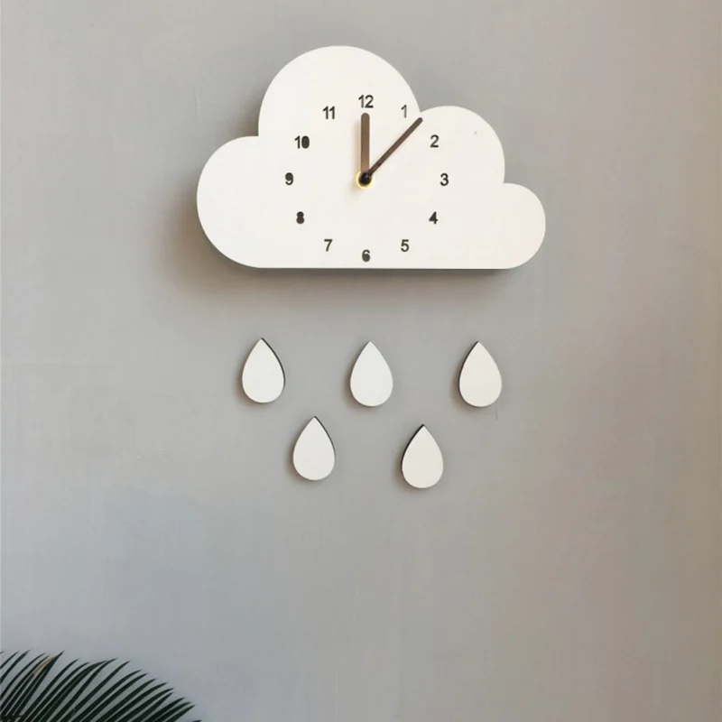 Nordic style wooden cartoon cloud elephant raindrop-shaped clock children's room cute wall clock home decorations