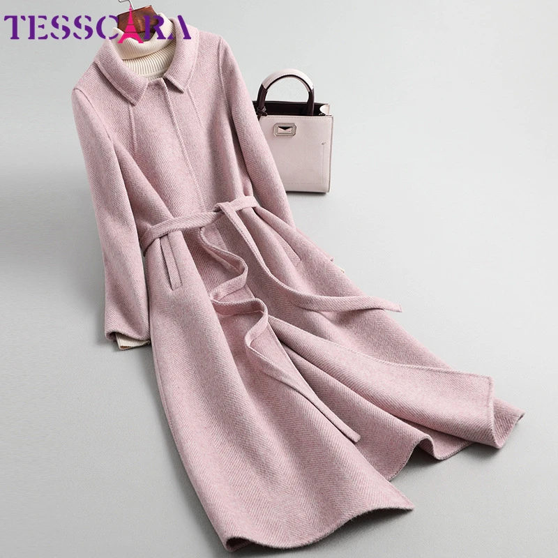 

TESSCARA Women Winter Elegant Wool Blend Belt Basic Jacket Coat Female High Quality Long Pink Cashmere Jackets Outerwear & Coats