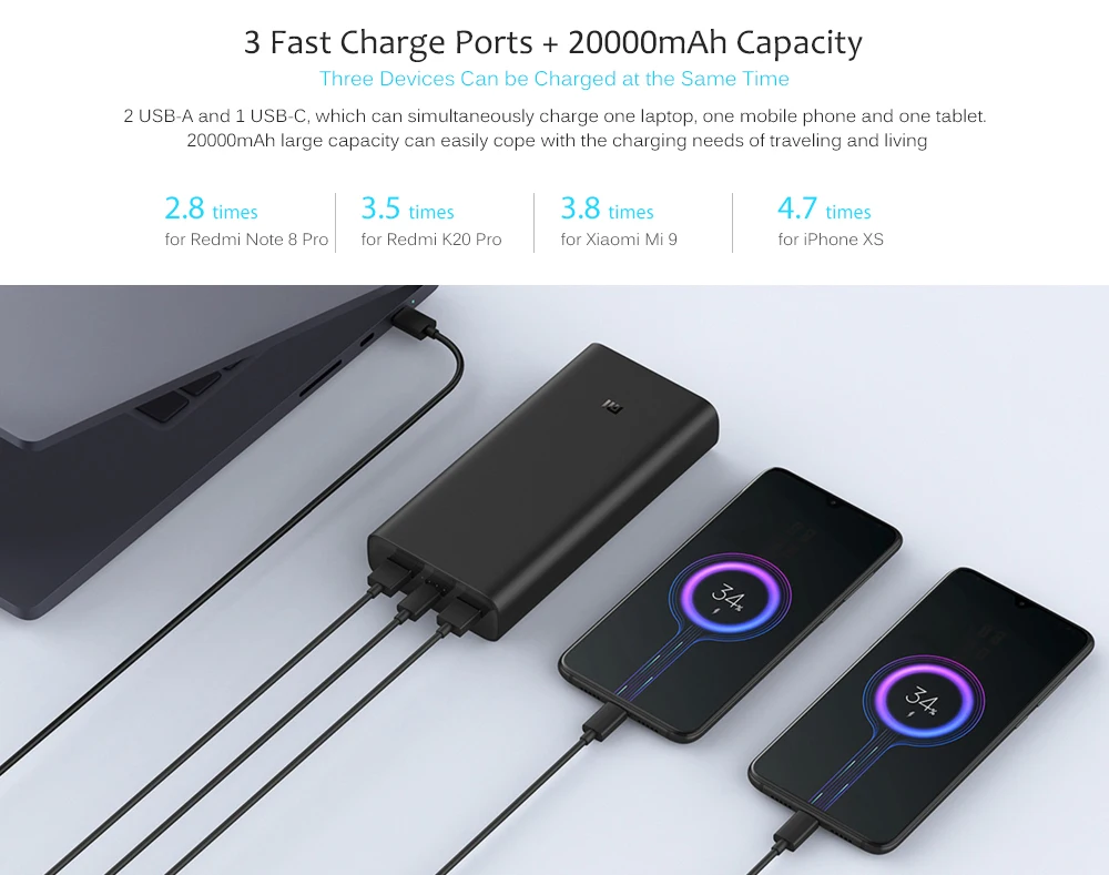 Xiao mi power Bank 3 20000 мАч 50 Вт Макс супер быстрая вспышка Зарядка для ноутбука мобильный телефон 3 порта выход usb type C mi power bank