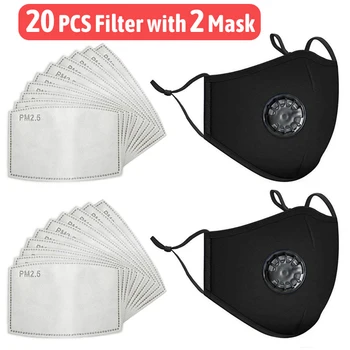 

20 PCS Filter Face Masks Washable Reusable Anti Pollution PM2.5 Mouth Respirator Dust Mask Cotton Unisex Black Mouth Muffle