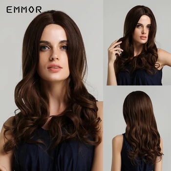 

Emmor Long Synthetic Natural Wavy Ombre Brown Wigs with Side Bangs For Women Heat Resistant Party Daily Wear Cosplay Hair Wig