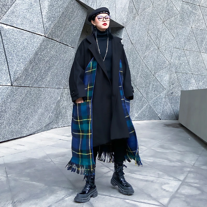 [EAM] свободное черное шерстяное пальто в клетку с кисточками большого размера, парки, новинка, длинный рукав, Женская мода осень-зима 19A-a395