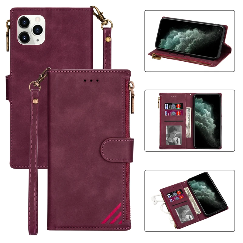 Luxury Leather Cover Fundas Zipper Flip Wallet Case For iPhone 11 12 Pro Max 12 Mini XS Max XR X 6 6s 7 8 Plus Case Cover