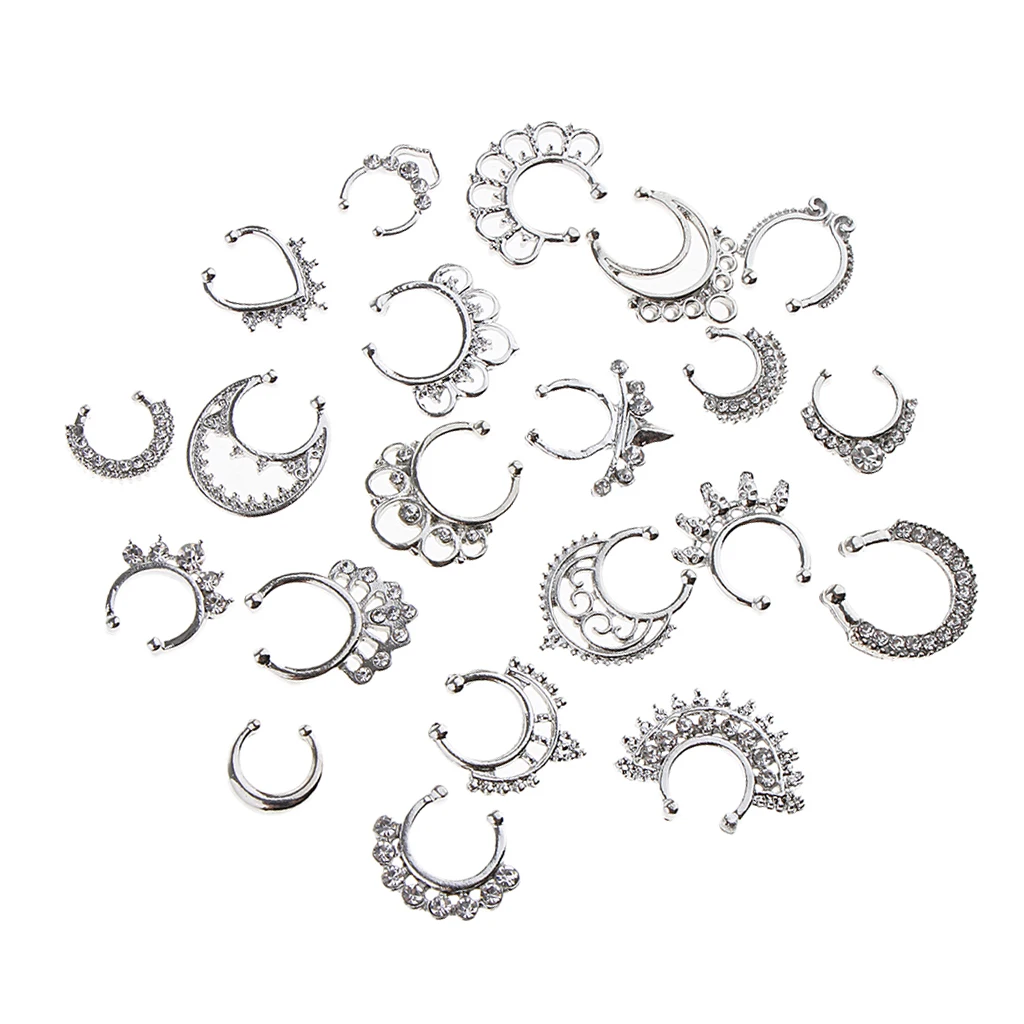 21pcs Fake Septum Clicker Crystal Nose Ring Assorted Design Hanger Clip On