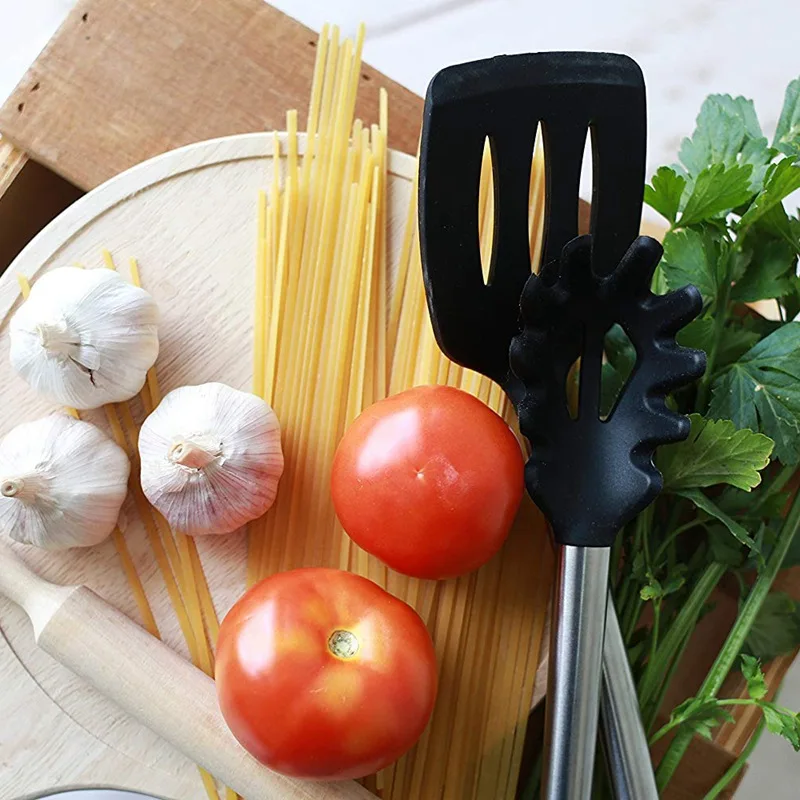 8 Piece Kitchen Utensil Set Stainless Steel and Black Silicone Modern Nonstick Utensils Cooking Tools