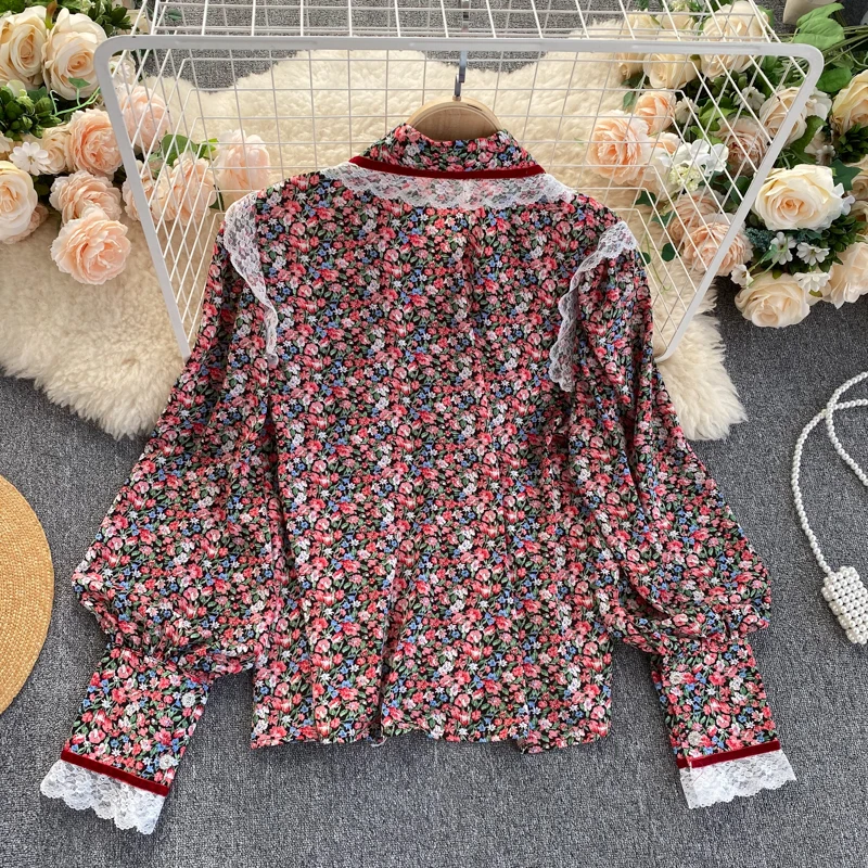 Sweet Floral Shirts Women 2021 Lace Patchwork Long Sleeve Bowknot Shirt Ladies Top Puff Sleeve Blouse Korean Clothes silk blouses