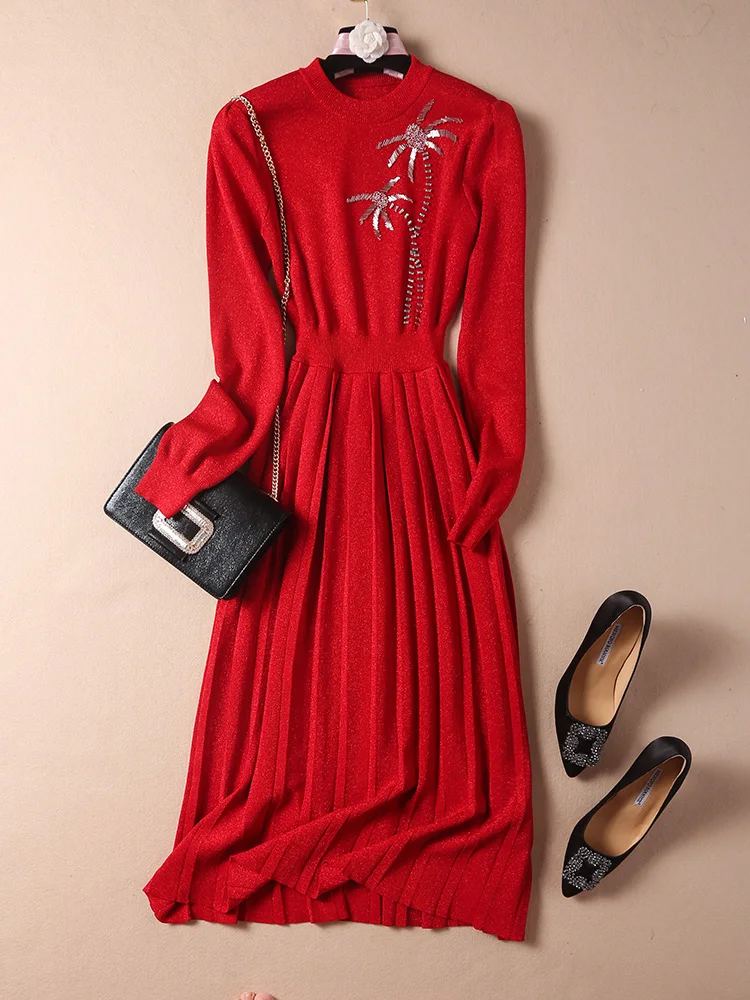 Женский шерстяной кашемировый вязаный свитер вечернее платье Ночная люрекс с длинным рукавом и отделкой из бус плиссированные элегантные платья до середины икры красные осенние - Цвет: red