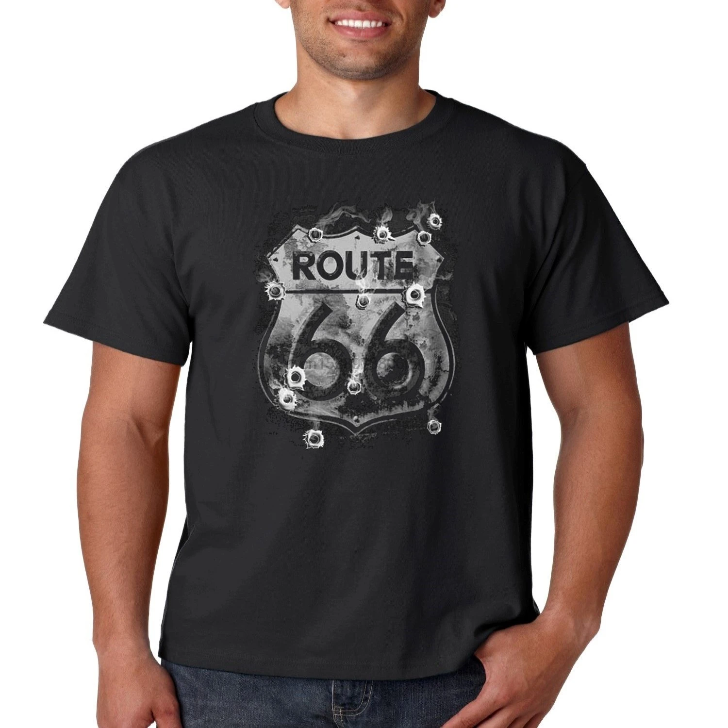 

Biker T Shirt Route 66 Smoking Bullet Holes Mens Tee S-5XL