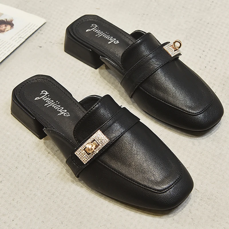 

Summer New Black Womens Slippers Classic Leather Mules Shoes Women Fashion Casual Home Slippers Outdoor Beige Zapatos De Mujer