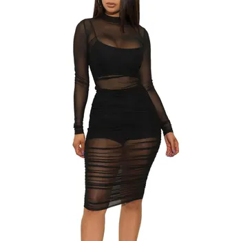 

Zoctuo Women Sheer Mesh Printed Basic Dress Vest and Short Pant Three Set Pants Long Sleeve Pullover O neck Elastic Waist 2019