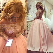 Розовые винтажные Бальные платья бальное платье с открытыми плечами кружева Кристалл вышитые бисером Длинные Рукава vestidos de 15 вырез лодочкой